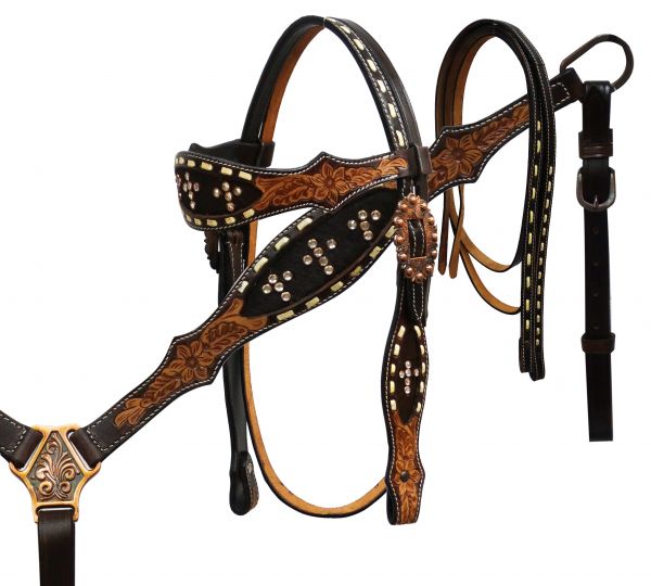 Hair-on cowhide inlay headstall and breast collar set- Hair-on cowhide inlay headstall and breast collar set