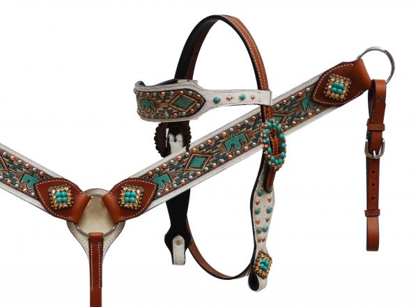 Hair on cowhide headstall and breast collar set with Aztec eagle design- Hair on cowhide headstall and breast collar set with Aztec eagle design