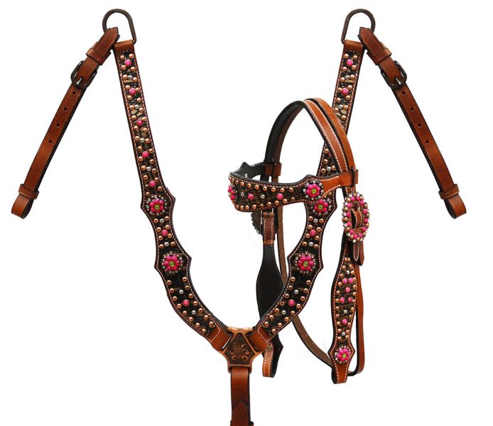 Copper alligator print headstall and breast collar with pink candy stone conchos-Copper alligator print headstall and breast collar with pink candy stone conchos