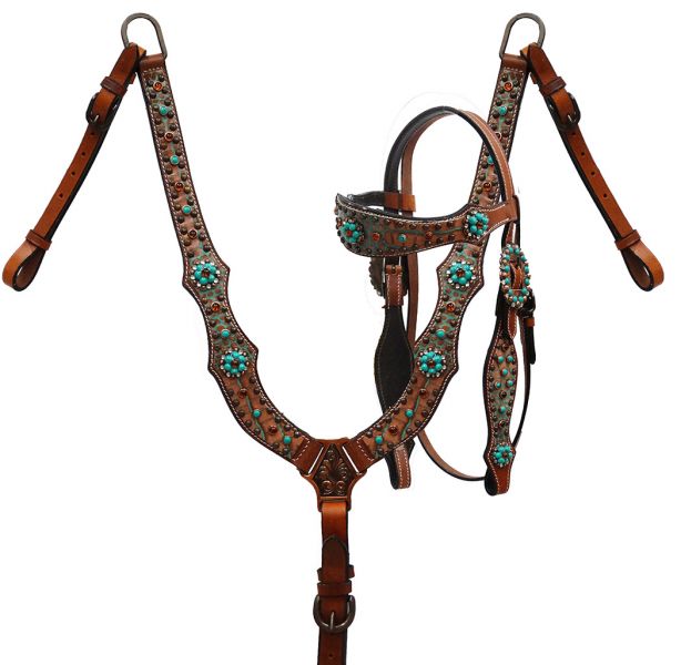 Brown and teal alligator print headstall and breast collar- Brown and teal alligator print headstall and breast collar