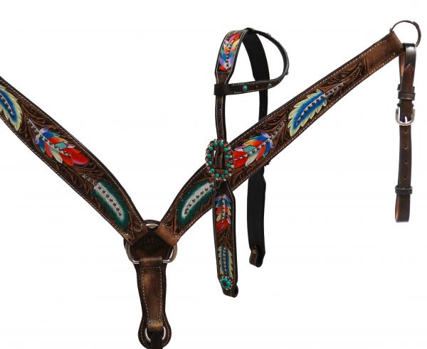 Painted feather single ear headstall and breast collar set- Painted feather single ear headstall and breast collar set