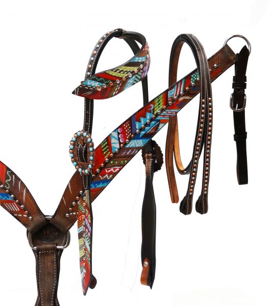 Painted feather headstall and breast collar set-Painted feather headstall and breast collar set