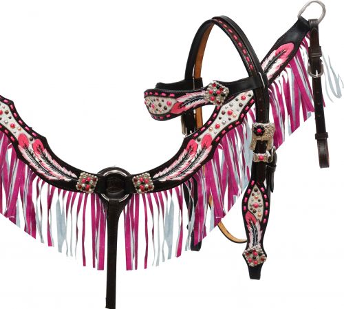 hand painted feather headstall and breast collar set with pink leather fringe- hand painted feather headstall and breast collar set with pink leather fringe