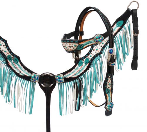 hand painted feather headstall and breast collar set with teal leather fringe-hand painted feather headstall and breast collar set with teal leather fringe