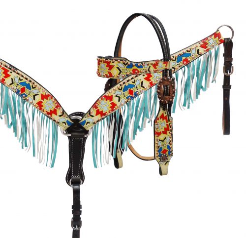 hand painted Navajo design headstall and breast collar set- hand painted Navajo design headstall and breast collar set