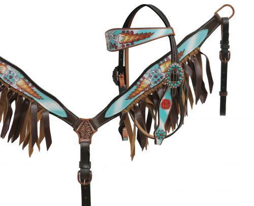 Guns and Roses headstall and breast collar set with leather fringe- Guns and Roses headstall and breast collar set with leather fringe