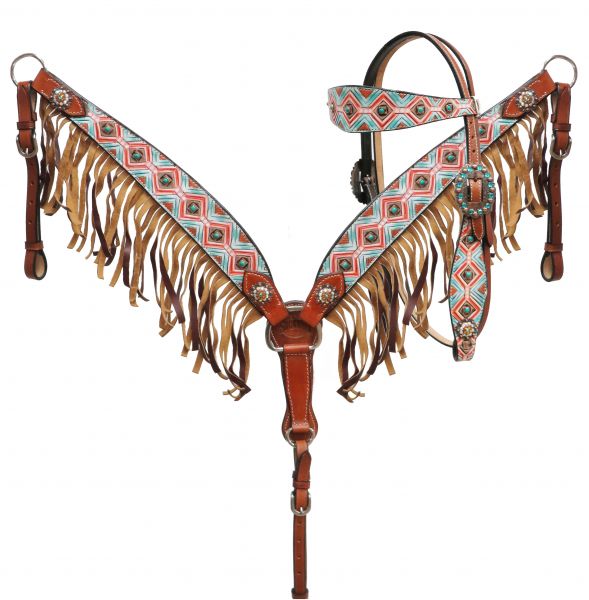 Painted diamond design headstall and breast collar set- Painted diamond design headstall and breast collar set