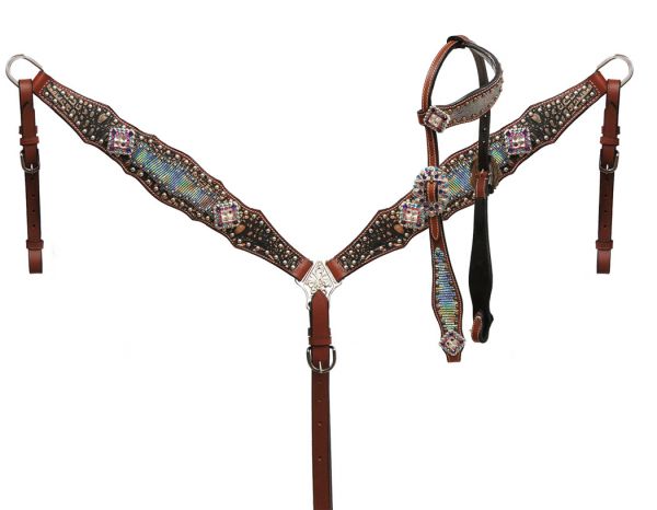 Holographic snake print headstall and breast collar set-Holographic snake print headstall and breast collar set