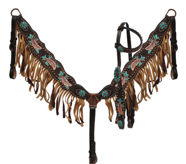 Painted feather headstall and breast collar set-Painted feather headstall and breast collar set