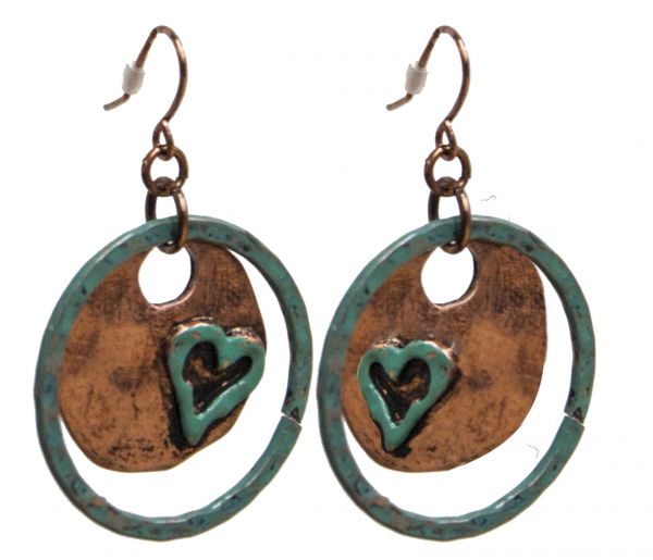 Earrings with turquoise hoop and copper plate with turquoise heart- Earrings with turquoise hoop and copper plate with turquoise heart