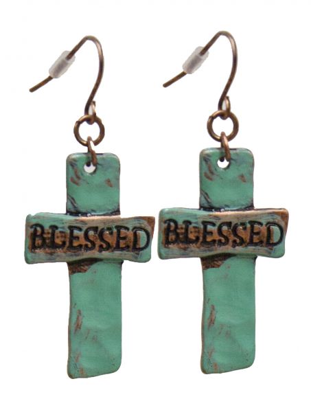 Turquoise cross earrings with " Blessed".-Turquoise cross earrings with Blessed.