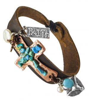 Leather band copper cross bracelet with charms-Leather band copper cross bracelet with charms