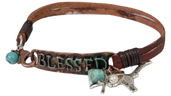 Double strand leather bracelet with " Blessed" copper plate and accented with western charms- Double strand leather bracelet with Blessed copper plate and accented with western charms
