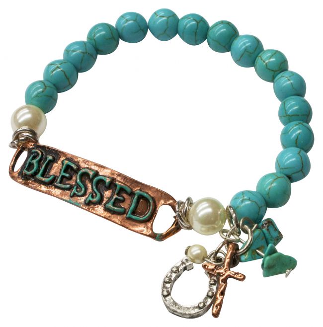 Turquoise stone bead bracelet with " Blessed" copper plate and horse shoe charm-Turquoise stone bead bracelet with Blessed copper plate and horse shoe charm