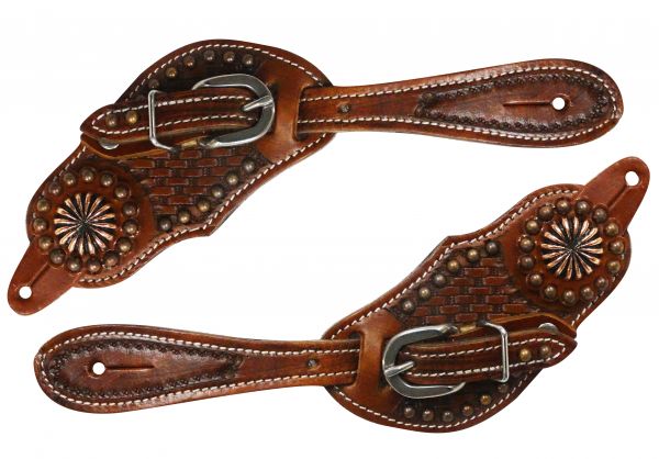 Youth size basket weave tooled spur straps with copper colored conchos- Youth size basket weave tooled spur straps with copper colored conchos