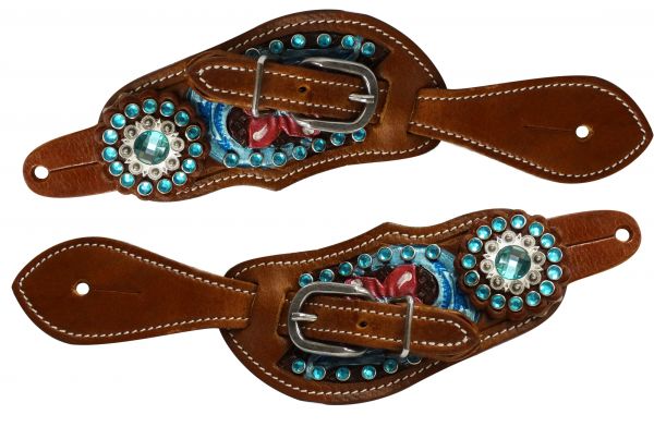 Youth size floral tooled spur straps with metallic paint and aqua crystals-Youth size floral tooled spur straps with metallic paint and aqua crystals
