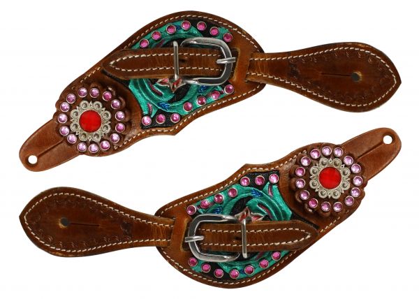 Youth size floral tooled spur straps with metallic paint and pink crystals-Youth size floral tooled spur straps with metallic paint and pink crystals