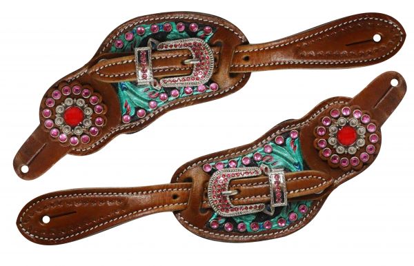Ladies size floral tooled spur straps with metallic paint and pink crystals- Ladies size floral tooled spur straps with metallic paint and pink crystals