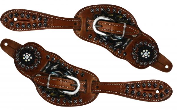 Ladies size painted floral tooled spur straps with crystal conchos-Ladies size painted floral tooled spur straps with crystal conchos