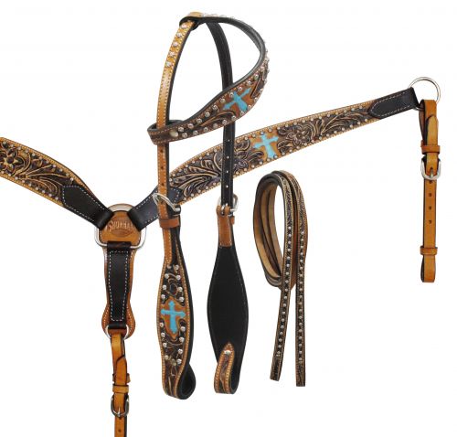 One Ear Headstall and Breast Collar Set with floral tooling and painted cross accents-One Ear Headstall and Breast Collar Set with floral tooling and painted cross accents