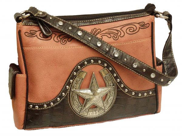 Rose colored leather purse with large engraved horse shoe and star.-Rose colored leather purse with large engraved horse shoe and star.