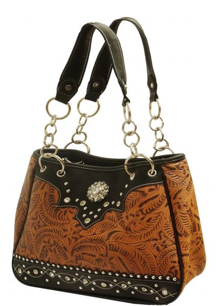 Medium color leather purse with embossed floral print accented with black leather trim with crystal rhinestones-Medium color leather purse with embossed floral print accented with black leather trim with crystal rhinestones