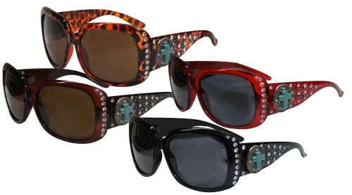 Ladies Bling Sunglasses with Engraved Oval Conchos Accented with Turquoise Cross- Ladies Bling Sunglasses with Engraved Oval Conchos Accented with Turquoise Cross