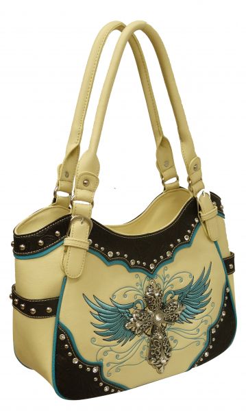 Cream leather purse with large engraved cross- Cream leather purse with large engraved cross