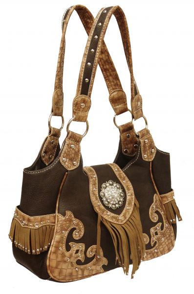 Brown leather purse with tan suede fringe trim and crystal rhinestone concho- Brown leather purse with tan suede fringe trim and crystal rhinestone concho