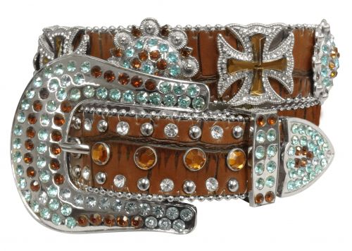 Showman Couture ™ Western style bling brown alligator print belt with cross conchos- Showman Couture ™ Western style bling brown alligator print belt with cross conchos