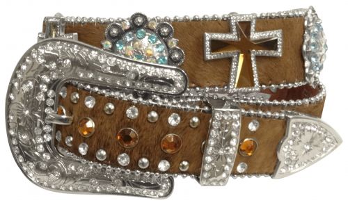 Showman Couture ™ Western style bling hair on cowhide belt with crystal rhinestone cross conchos-Showman Couture ™ Western style bling hair on cowhide belt with crystal rhinestone cross conchos