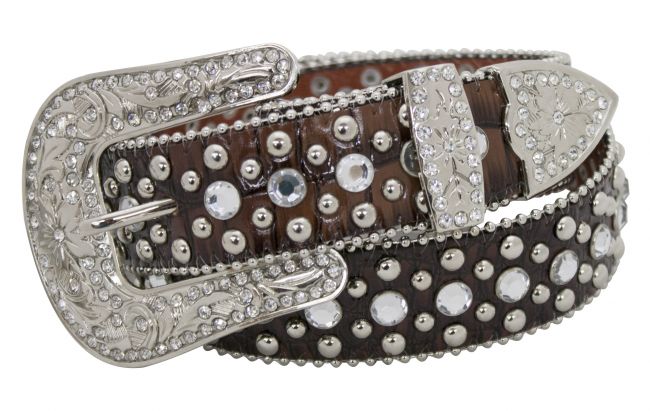 Showman Couture ™ Western style snake print leather belt with crystal rhinestone rosette conchos and removable buckle.-Showman Couture ™ Western style snake print leather belt with crystal rhinestone rosette conchos and removable buckle.