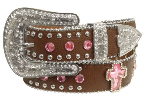 Showman Couture ™ Western style bling belt with pink crystal rhinestone cross conchos and removable buckle-Showman Couture ™ Western style bling belt with pink crystal rhinestone cross conchos and removable buckle
