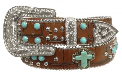 Showman Couture ™ Western style bling belt with turquoise stone cross conchos and removable buckle-Showman Couture ™ Western style bling belt with turquoise stone cross conchos and removable buckle