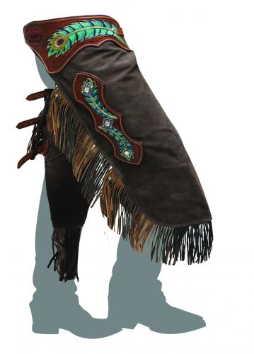 suede leather chinks with painted peacock feather tooling-suede leather chinks with painted peacock feather tooling