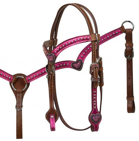 Pony size metallic pink headstall and breast collar set with pink crystal heart conchos-Pony size metallic pink headstall and breast collar set with pink crystal heart conchos