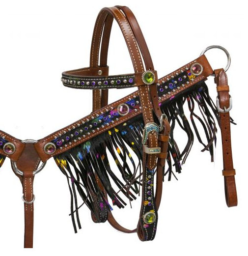 Pony size metallic splash hair on cowhide fringe headstall and breast collar set-Pony size metallic splash hair on cowhide fringe headstall and breast collar set