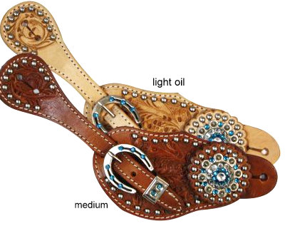Showman™Ladies spur strap with acorn tooling accented with blue crystal rhinestones- Showman™Ladies spur strap with acorn tooling accented with blue crystal rhinestones