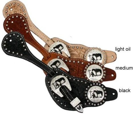 Showman™ men's size floral tooled leather silver beaded spur straps with silver engraved praying cowboy conchos-Showman™ men's size floral tooled leather silver beaded spur straps with silver engraved praying cowboy conchos
