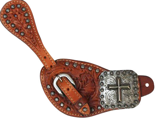 Showman™ Ladies spur strap with oak leaf tooling with large square engraved concho with raised cross-Showman™ Ladies spur strap with oak leaf tooling with large square engraved concho with raised cross