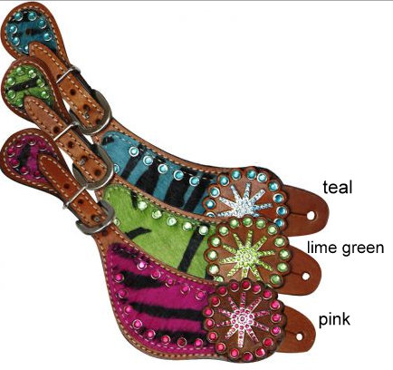 Showman™ Ladies hair on zebra print spur strap with crystal rhinestones and large spur rowel concho-Showman™ Ladies hair on zebra print spur strap with crystal rhinestones and large spur rowel concho
