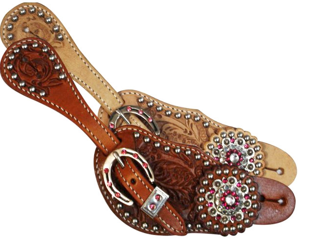 Showman™Ladies spur strap with acorn tooling accented with pink crystal rhinestones-Showman™Ladies spur strap with acorn tooling accented with pink crystal rhinestones