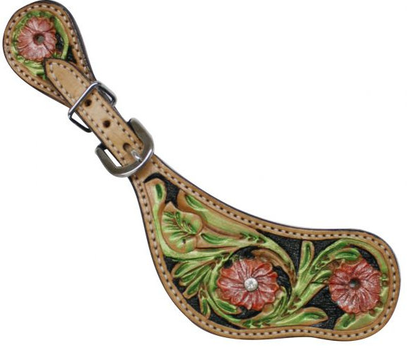 Showman™ Ladies Spur Strap with Pink tooled flowers and green accents.-Showman™ Ladies Spur Strap with Pink tooled flowers and green accents.