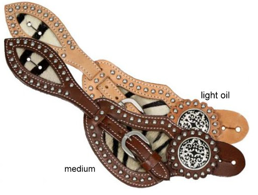 Showman™ Ladies size leather spur straps with zebra print hair on cowhide inlay-Showman™ Ladies size leather spur straps with zebra print hair on cowhide inlay