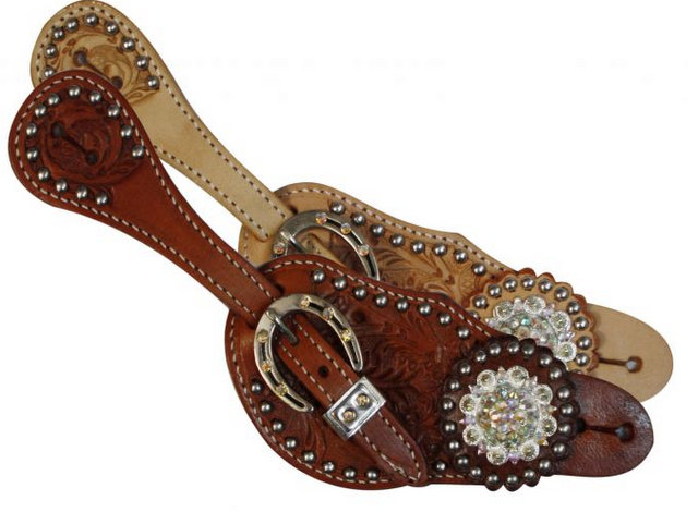 Showman® Ladies spur strap with acorn tooling accented with clear crystal rhinestones-Showman® Ladies spur strap with acorn tooling accented with clear crystal rhinestones