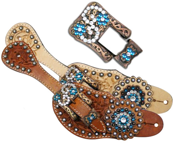 Showman™ Ladies Tooled Leather Spur Straps with Vintage Style Buckle and Crystal Rhinestone Conchos-Showman™ Ladies Tooled Leather Spur Straps with Vintage Style Buckle and Crystal Rhinestone Conchos