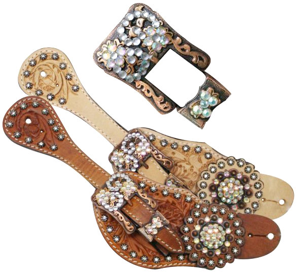 Showman™ Ladies Tooled Leather Spur Straps with Vintage Style Buckle and Crystal Rhinestone Conchos- Showman™ Ladies Tooled Leather Spur Straps with Vintage Style Buckle and Crystal Rhinestone Conchos