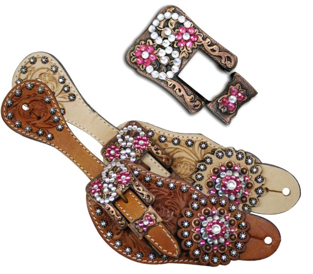 Showman™ Ladies Tooled Leather Spur Straps with Vintage Style Buckle and Crystal Rhinestone Conchos-Showman™ Ladies Tooled Leather Spur Straps with Vintage Style Buckle and Crystal Rhinestone Conchos