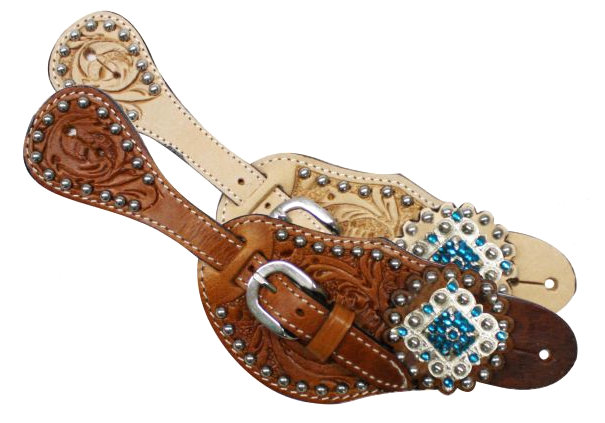 Showman™ Ladies Tooled Leather Spur Straps with Diamond Shaped Blue Rhinestone Conchos- Showman™ Ladies Tooled Leather Spur Straps with Diamond Shaped Blue Rhinestone Conchos