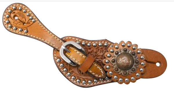 Showman ® Youth silver studded spur straps with vintage rosette concho.-Showman ® Youth silver studded spur straps with vintage rosette concho.